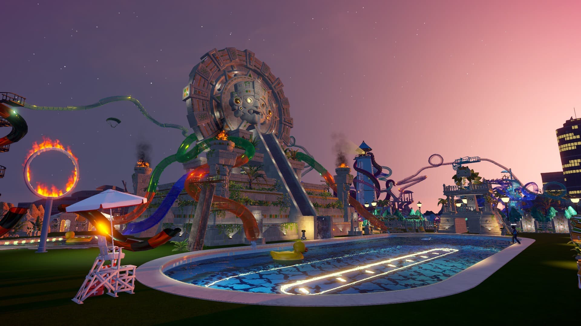 A custom Waterpark Simulator park at dusk